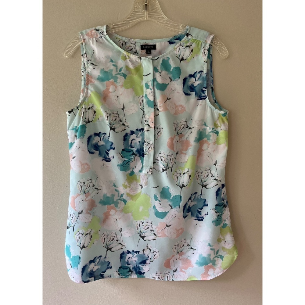 Talbots Tank Top Size 6 Blue Floral Lightweight‎ Blouse Shirt Semi Sheer